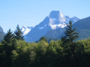 Mount Bute, seen from the Homathko River estuary. To rally funders behind his wagon road project, Alfred Waddington announced in the Colonist Newspaper that Bute Inlet was the ideal route in every way. "The country is not mountainous andthere are frequent openings with fine tracts of land," he wrote. 